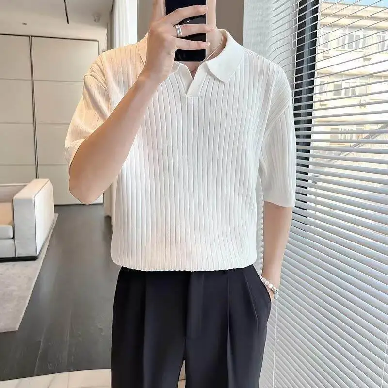 

Summer Casual Short Sleeve Shirt Fashionable All-Match Color Collar up Top Japanese Style Lazy Knitted T-Shirt