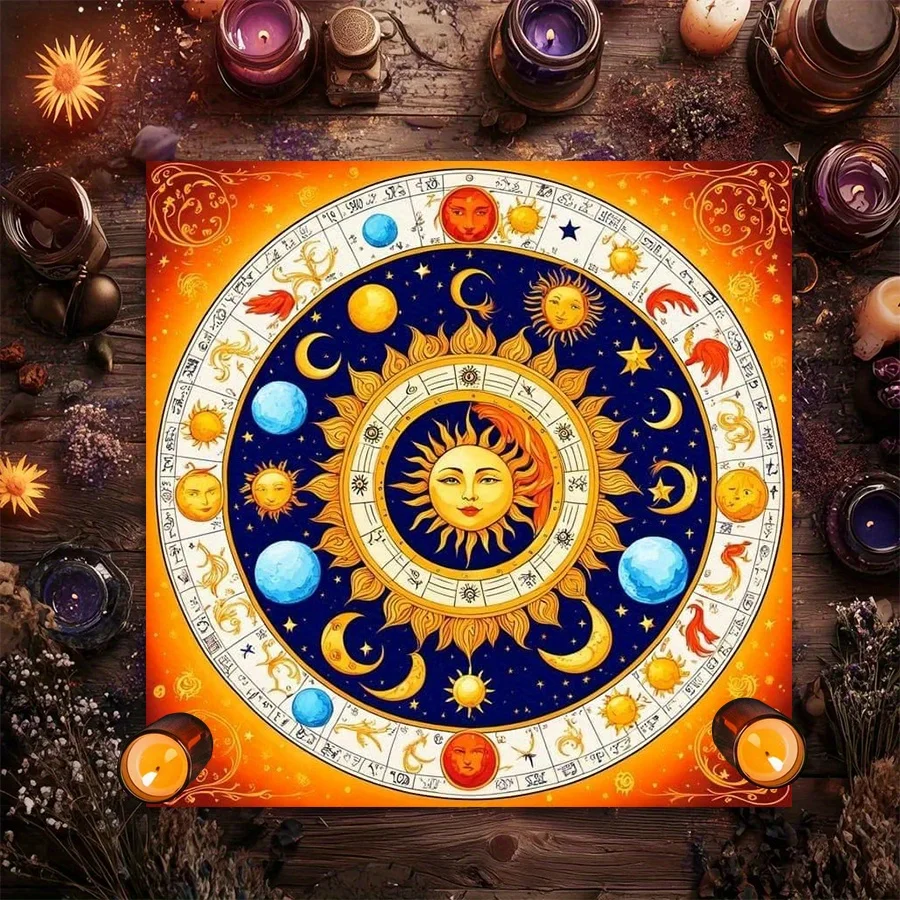 VIKAMA Tarot Altar Cloth Zodiac Wheel Sun Moon Divination Mat Reading Witchcraft Spiritual Astrology Home Decor