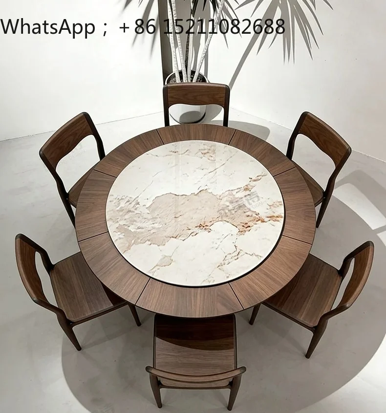 SCY multi-functional dining table rotating telescopic rock slab round table household round solid wood dining table and chairs