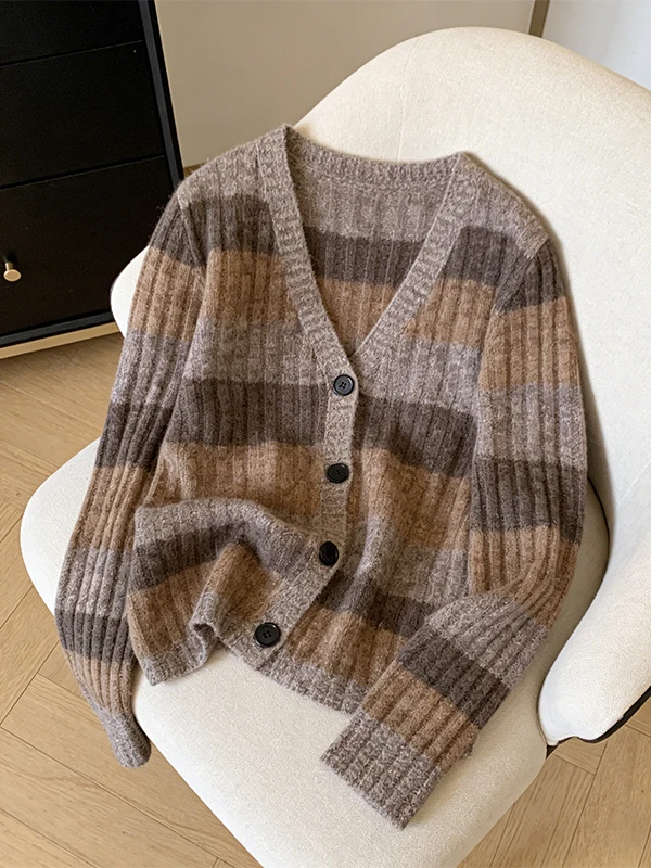 

Spring New Style Women's Long Sleeve Striped Jacket Color Block Contrast Vintage Anti-Aging Versatile Top Trendy Commute Style