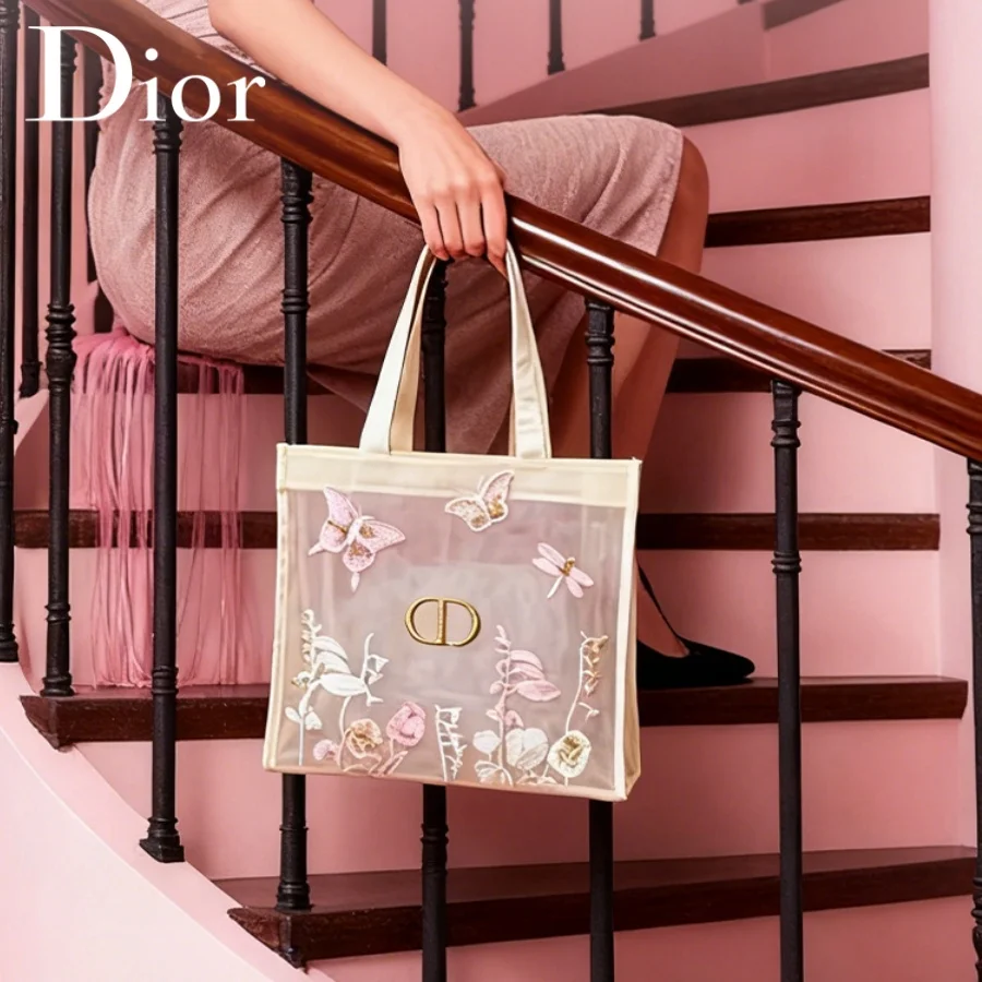 Christian Dior Dior’s Bag Luxury Designer Semi-transparent Mesh Makeup Bag Butterfly Floral Print Travel Cosmetic Organizer Pouc view 3
