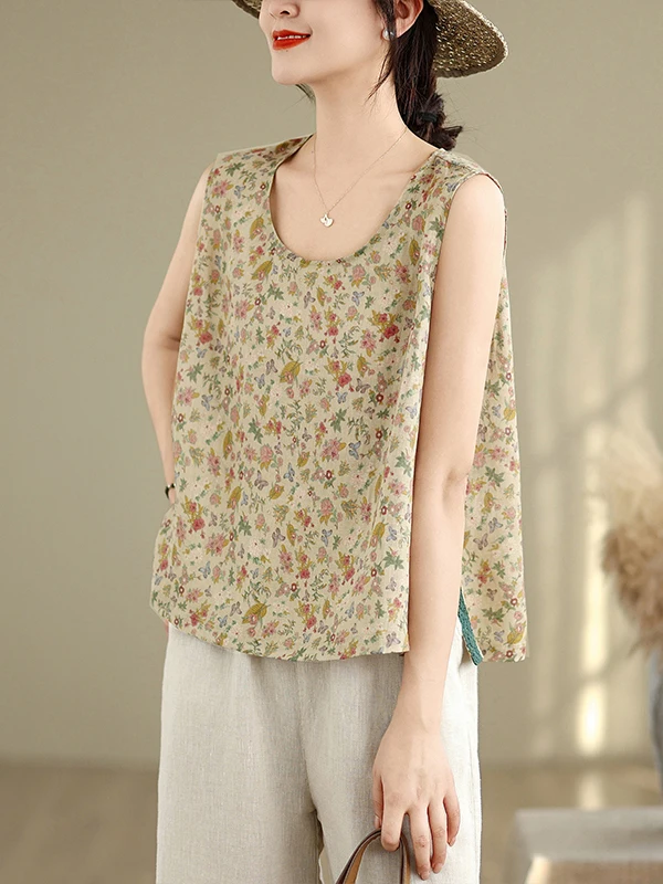 Lace Splice Side Slit Floral Print Small Vest Large Size Women's Svel round Ne Lightweight Breathable Linen Outdoor Top