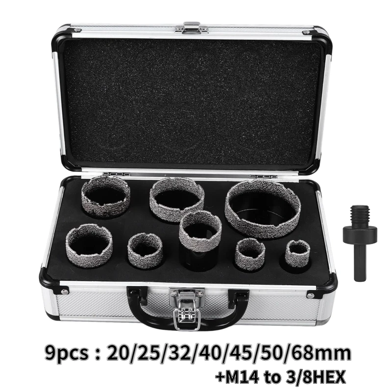 9個入り M14 ダイヤモンドコアドリルビットセット、ろう付けドリルビットセット 20-68mm タイル/コンクリート用ドリルツールセット