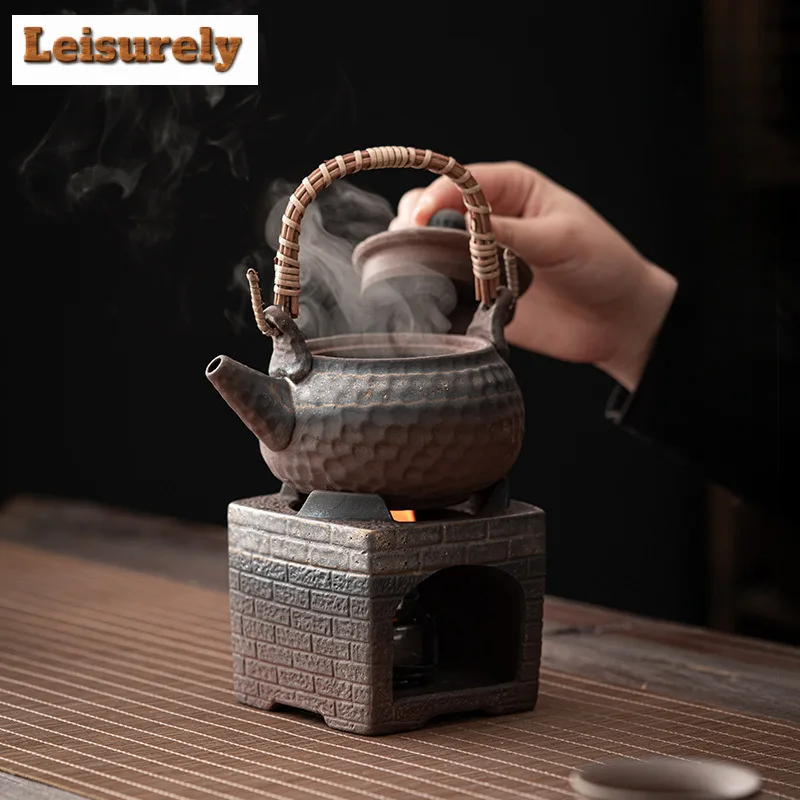 Japanese Style Gilded Iron Glaze Charcoal Stove Tea Brewing Lifting Beam Pot Open Flame Burning Rough Pottery Side Hanlde Kettle