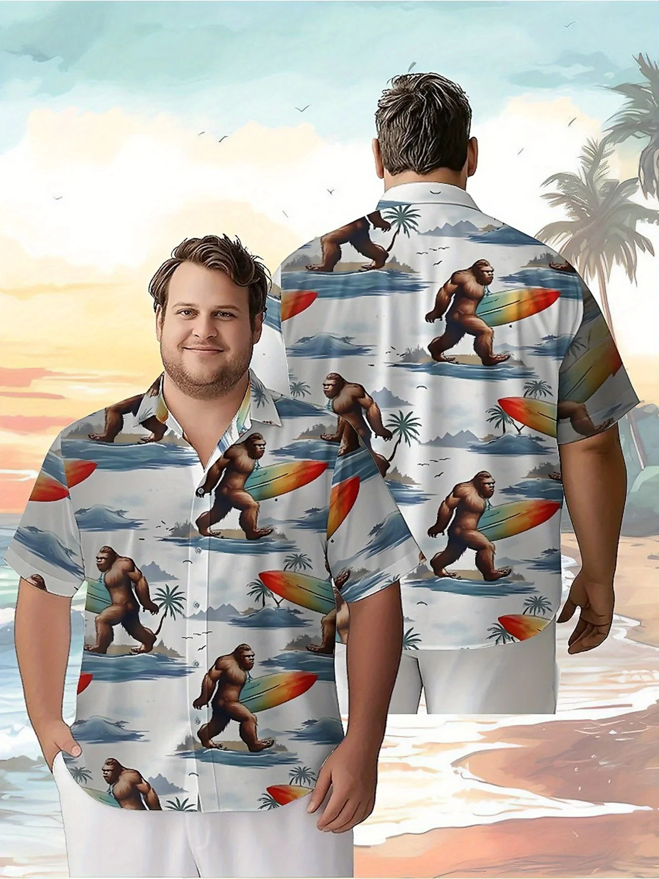 

Men's Plus Size Hawaiian Shirts Sasquatch Surfing Tropical Adventure pattern,casual Tops, Suitable for Outdoor Party, Streetwear