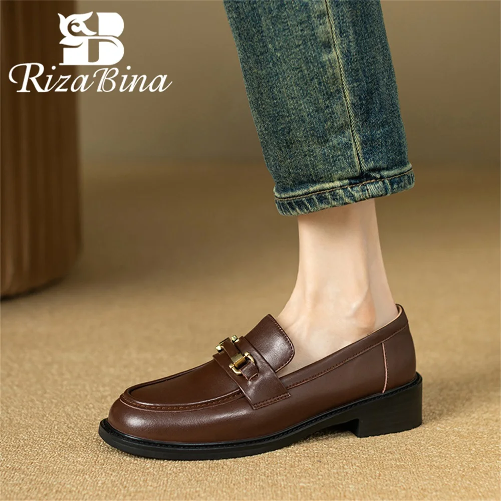 RIZABINA Women's Loafers Real Leather Round Toe Thick Heel British Style Oxford Shoes Ladies Metal Buckle Comfort Slip On Shoes