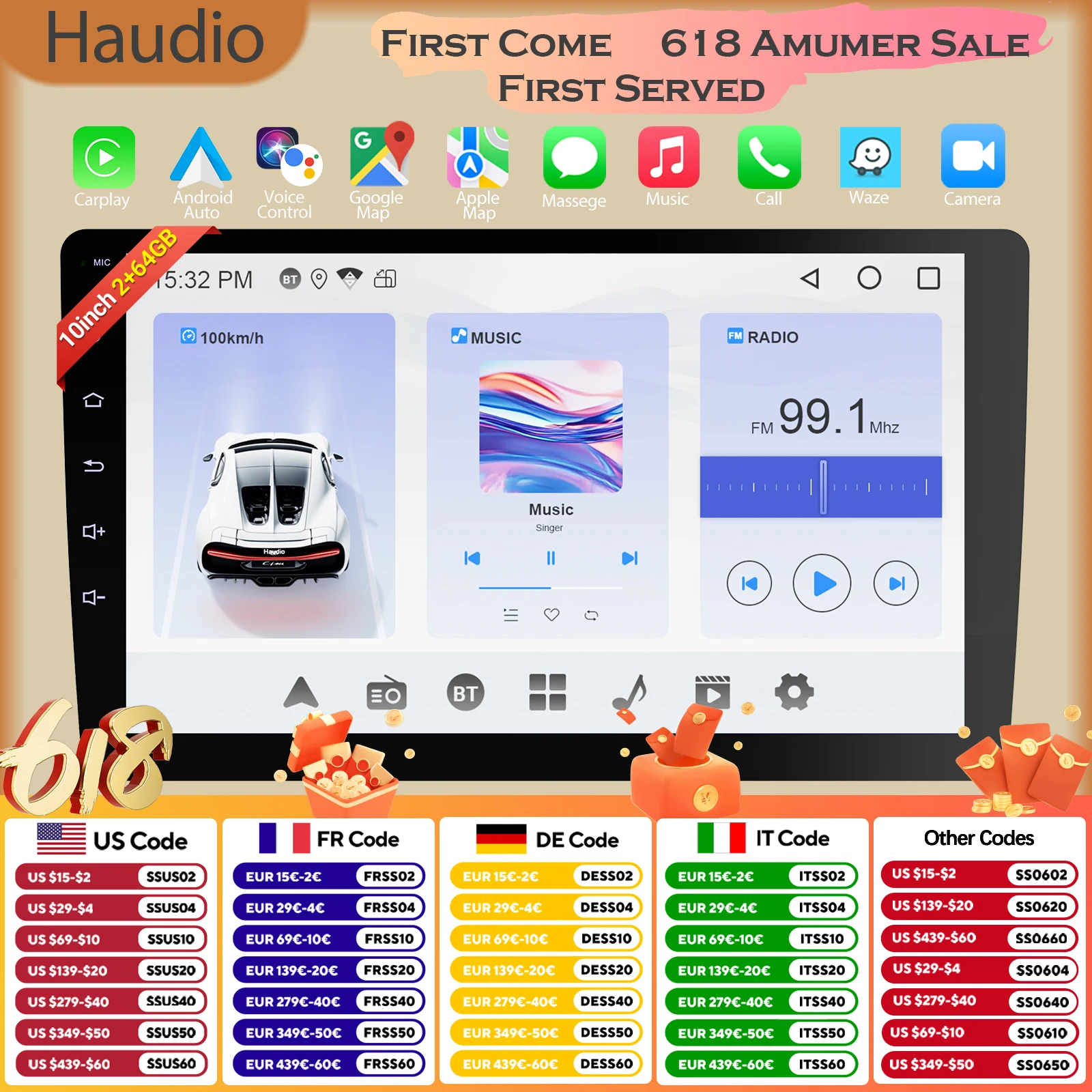 

Haudio 10.1" Wireless Double Din Car Stereo with Carplay & Android Auto, Car Radio with BT 4.1/Mirror Link/Backup Camera/FM/AM