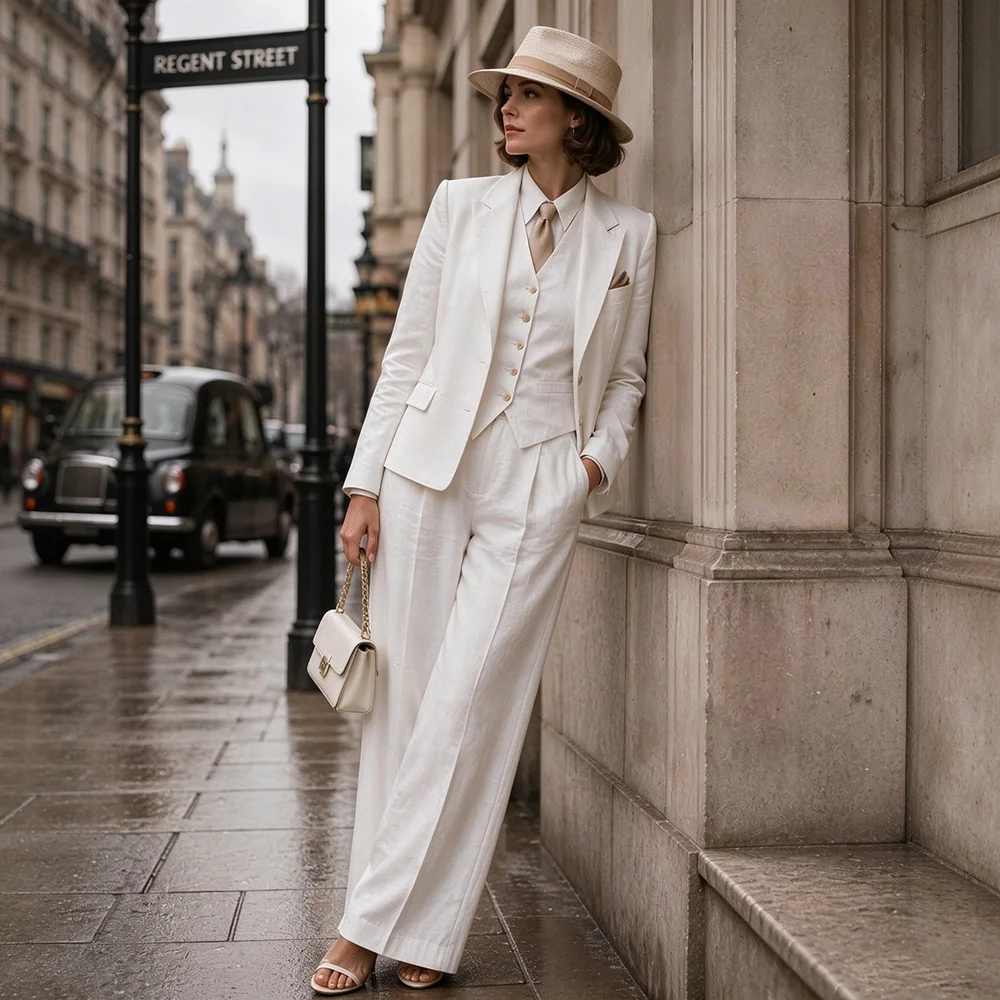 Traje de lino blanco para mujer, conjunto de 3 piezas, elegante para bodas, fiestas, oficina, informal, blazer + chaleco + pantalones de pierna ancha