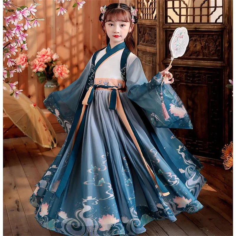 Costume folklorique Hanfu traditionnel chinois pour enfants, vêtements de danse Han pour filles, vêtements de dame dégradés, vêtements de cosplay financièrement, robe de princesse des Prairies