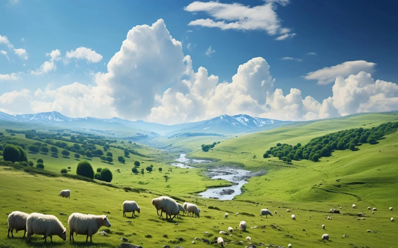 

Фотообои на заказ: пейзаж с пастбищами, голубым небом, стадом бегущих лошадей и слонами, 3D-картина с животными для декора