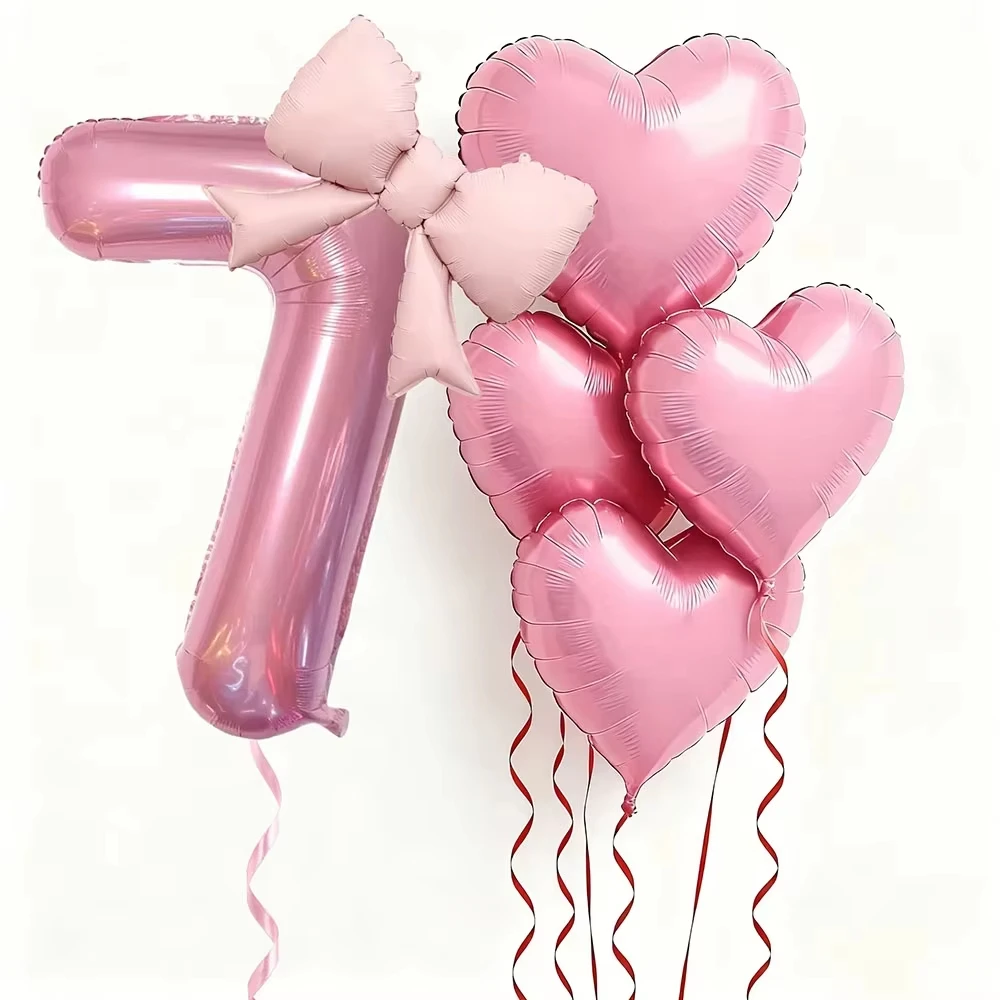 6-teiliges Rosa Herz-Schleifenballon-Set Zahlen-Folienballons Geburtstagsballon Mädchen Dating-Geschenk Hochzeit Verlobungen Jubiläen Party-Dekoration – Detail 7