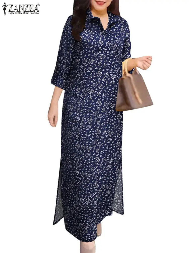 ZANZEA Women Side Slit Vestidos 3/4 Sleeve Turn-down Collar Casual Floral Printed Maxi Dress Autumn Daily Commute Shirtdress — zdjęcie 6