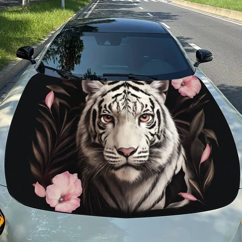 

Чисто черный фон с изображением белого тигра и черным узором - стилизованная цветочная наклейка на капот, реалистичная художественная декоративная наклейка на капот автомобиля, suita