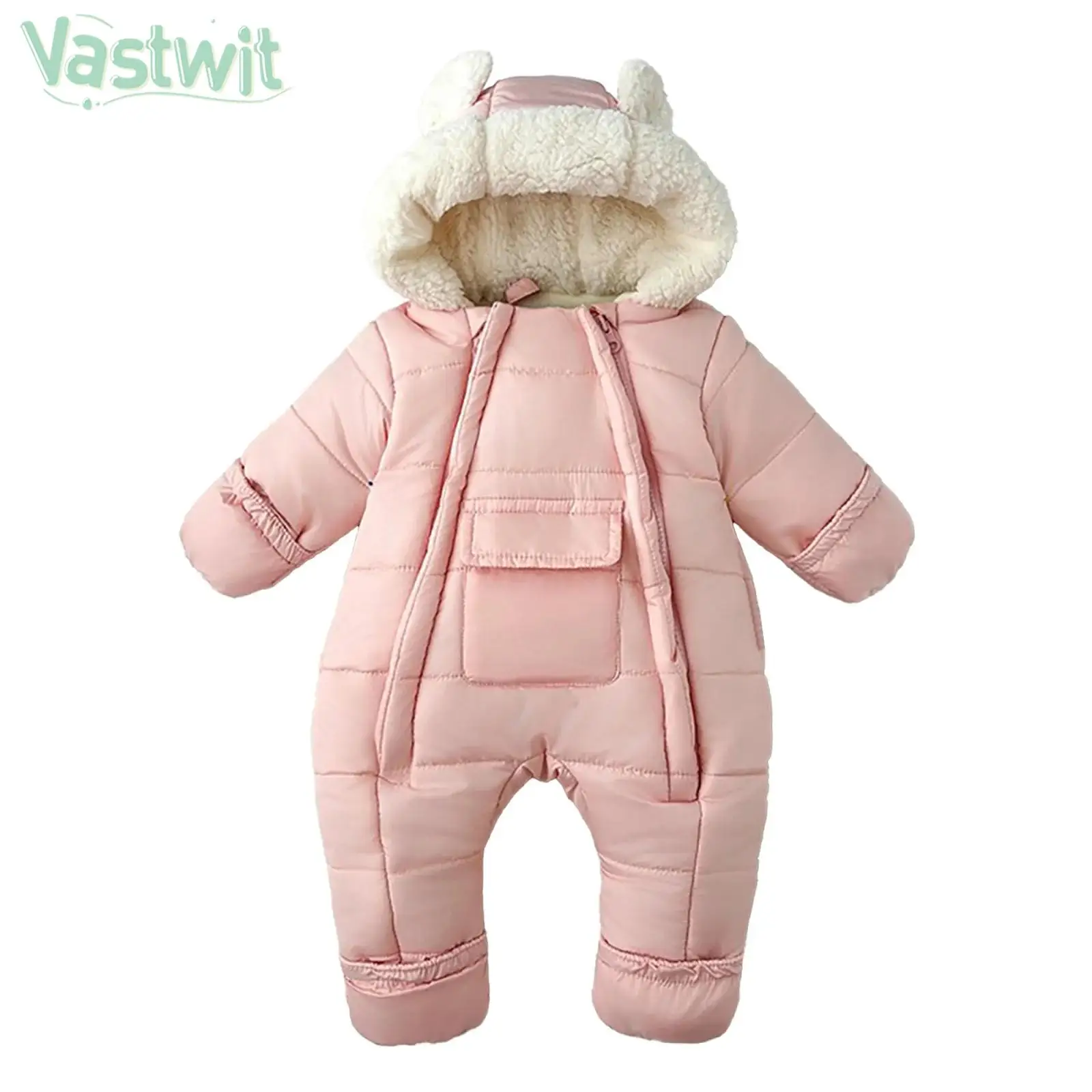 

Toddler Baby Winter Warm Fleece-Lined Snowsuit Hooded Jumpsuit Jacket Coat Long Sleeve Double Zippers Thickened Padded Rompers