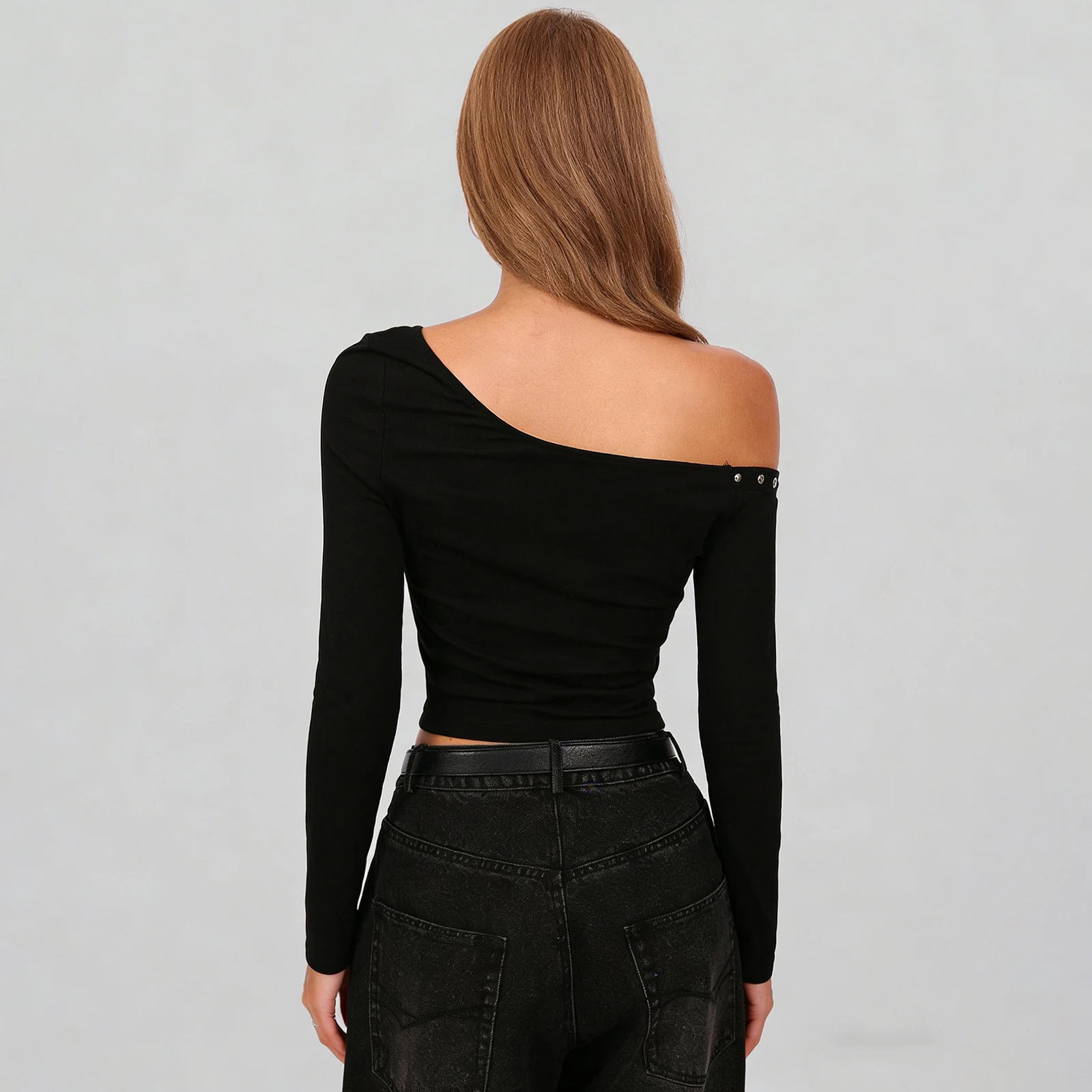 

Женские топы с открытыми плечами и шипами в стиле панк, однотонная облегающая футболка с длинными рукавами, уличная одежда