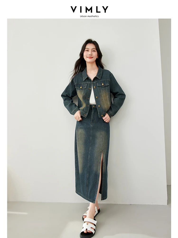 

Vimly Retro Denim Skirt Set 2 Pieces Spring Outfits Women Crop Denim Jacket Split Midi Skirt 2024 New in Matching Sets 72702