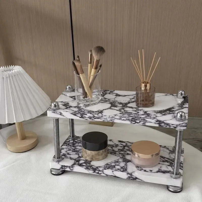 Luxury natural marble two-layer storage rack Modern cosmetic storage rack Suitable for dresser home decoration