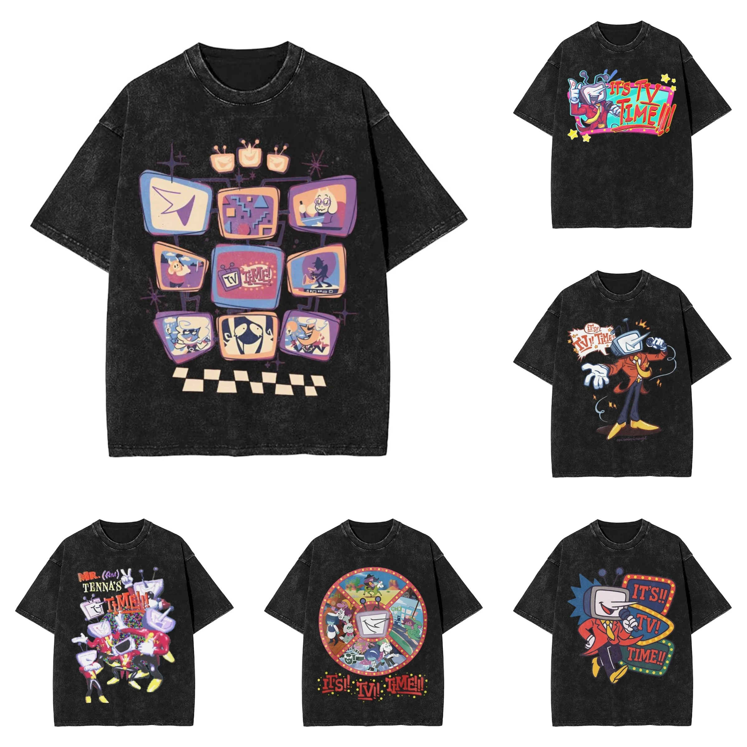 It's TV Time! T Shirts Hip Hop Washed Oversize T-Shirt Tenna Deltarune Novelty for Men Women Tops Streetwear Summer Tops Tees