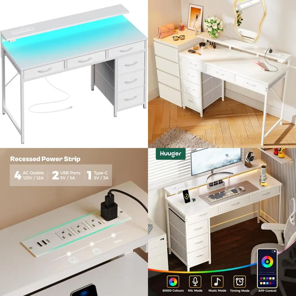 

Large Gaming Desk with 6 Drawers, LED-lit Computer Desk with Power and Type-C Ports, 39 Inch Office Desk with Storage