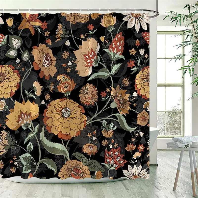 Vintage Mushroom Shower Curtain Funny Animals Squirrel Owl Rabbit Forest Flowers Plant Black Bath Curtains Fabric Bathroom Decor