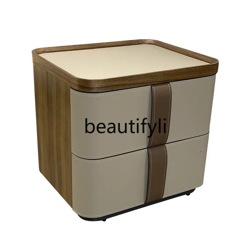 

Living room French bedside table Designer Italian minimalist saddle leather walnut cabinet
