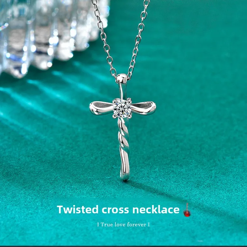 

S925 Silver White Gold Plated 0.3CT D Color Moissanite Twisted Cross Pendant Necklace for Women, Exquisite Jewelry.