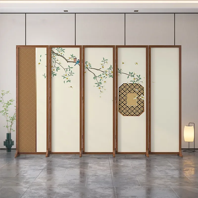 Modern Solid Wood Folding Screen Divider Mobile Room Partition with Floral Bird Motif for Living Room Office Porch Decor