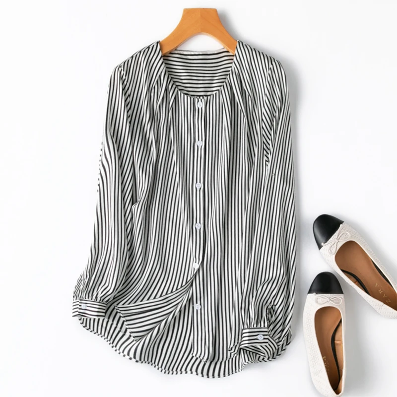 Women Shirt 93% Mulberry Silk 7% Spandex 19 Momme White Black Striped Printed Long Sleeve Top Blouse office work M L XL M1069