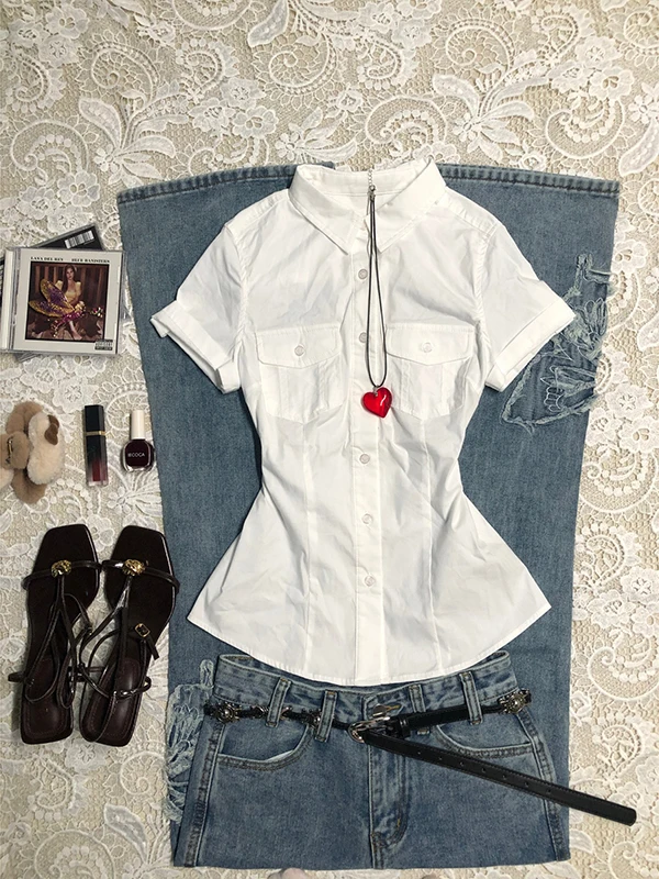 

Оригинальный белый ort Sve, удерживающий талию irt для женщин, винтажный Sle Commute Faion, смесь хлопка, стандартный крой, чистый цвет