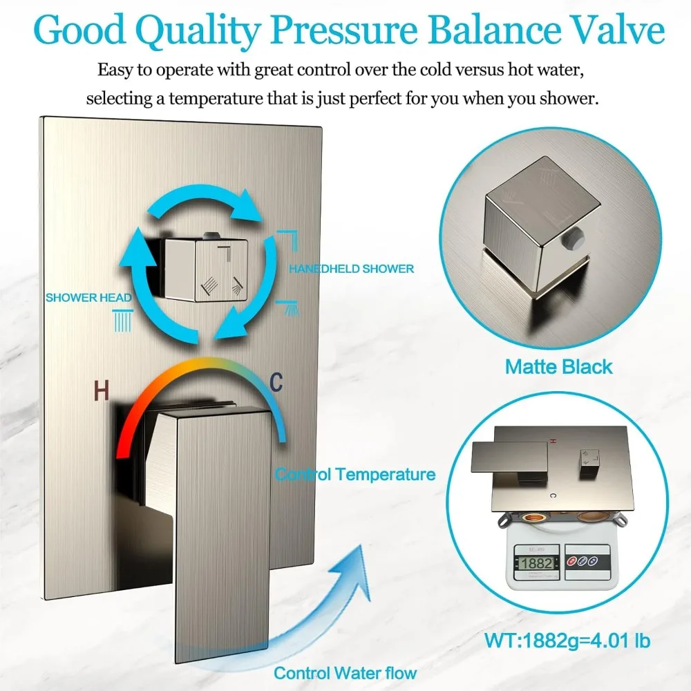 Waterfall Wall Mounted Rain Shower System with Handheld Spray and Tub Spout, 10 Inch Bathroom Shower Faucet Set