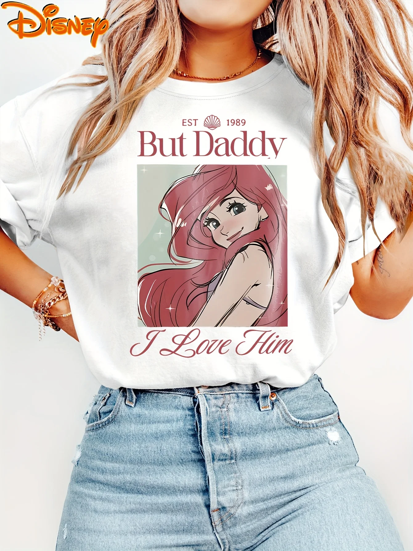 ديزني 2026 جديد الكرتون ديزني للأميرة ارييل حورية البحر الصغيرة طباعة المرأة تي شيرت سهل الموضة حجم كبير كم قصير #2