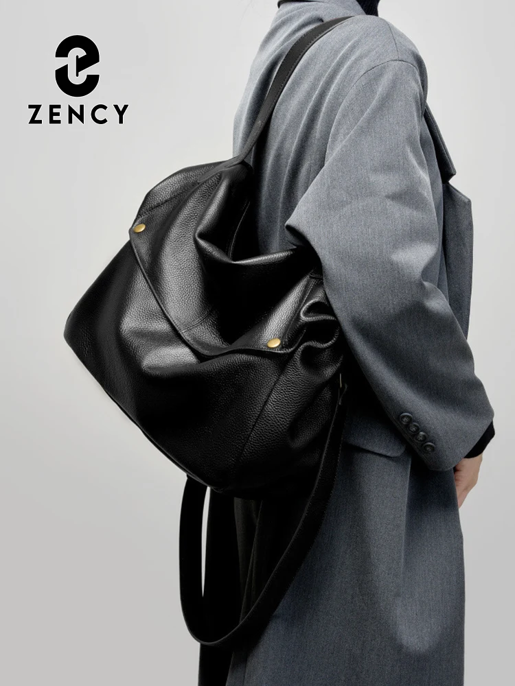 Zency Black Coffee Large Shoulder Bag Genuine Leather Women's Work Tote Bag For A4 ipad Crossbody High Sense Handbags