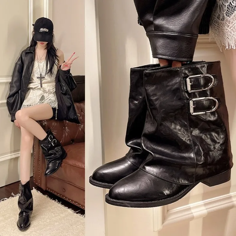 

Soft Leather Ankle Mid Calf Boots Winter Autumn High Platform Wedge British Booties Woman New Ladies Chunky Motorcycle Boots 42
