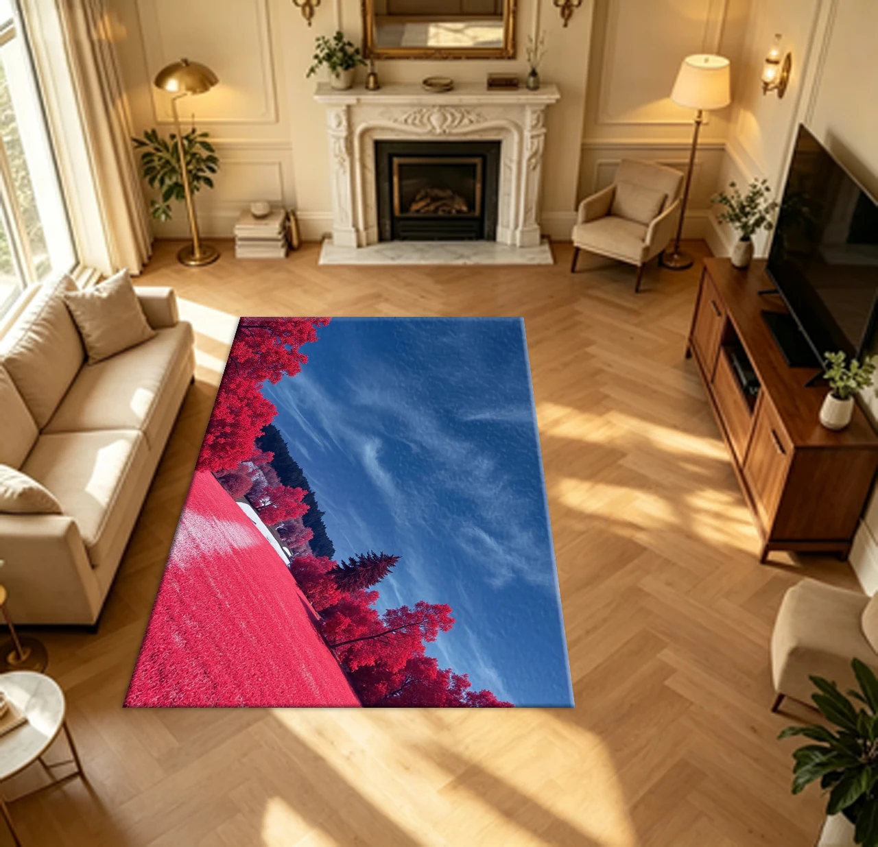 Red Foliage Forest Landscape Scenery carpet flooring Nature View Decor Area Rug