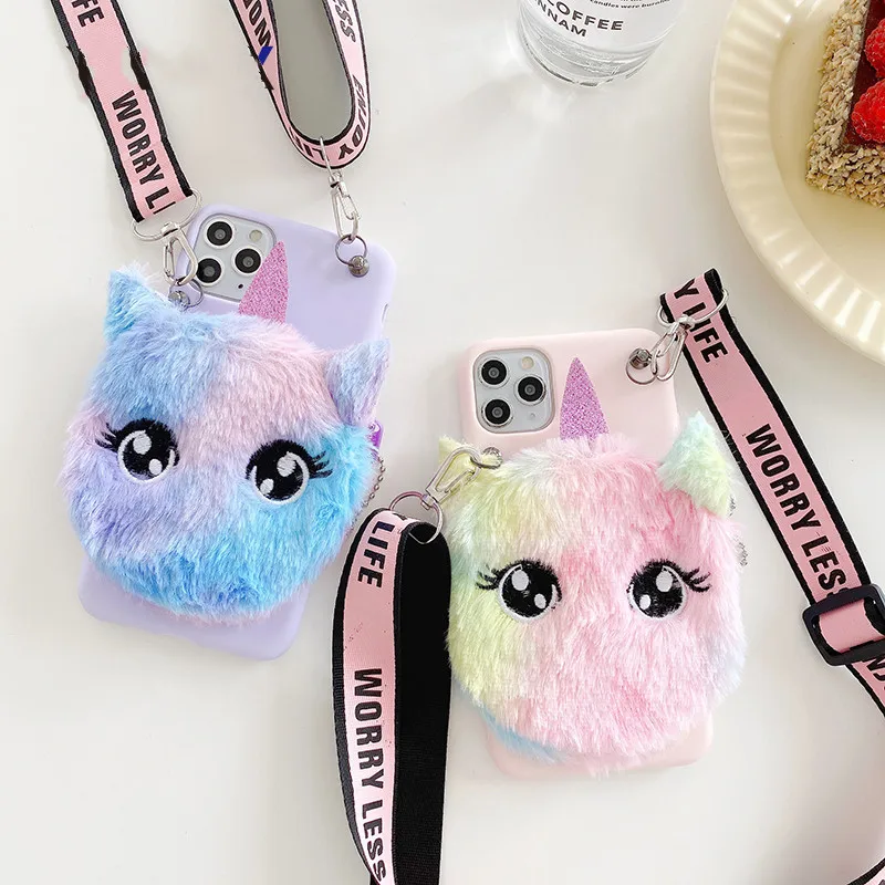 Crossbody Plush Fur Cat Wallet Phone Case For Samsung Galaxy A10S A11 A12 A13 A15 A04S A14 A20S A21S A22 A23 A24 A30 A20 A31 A32