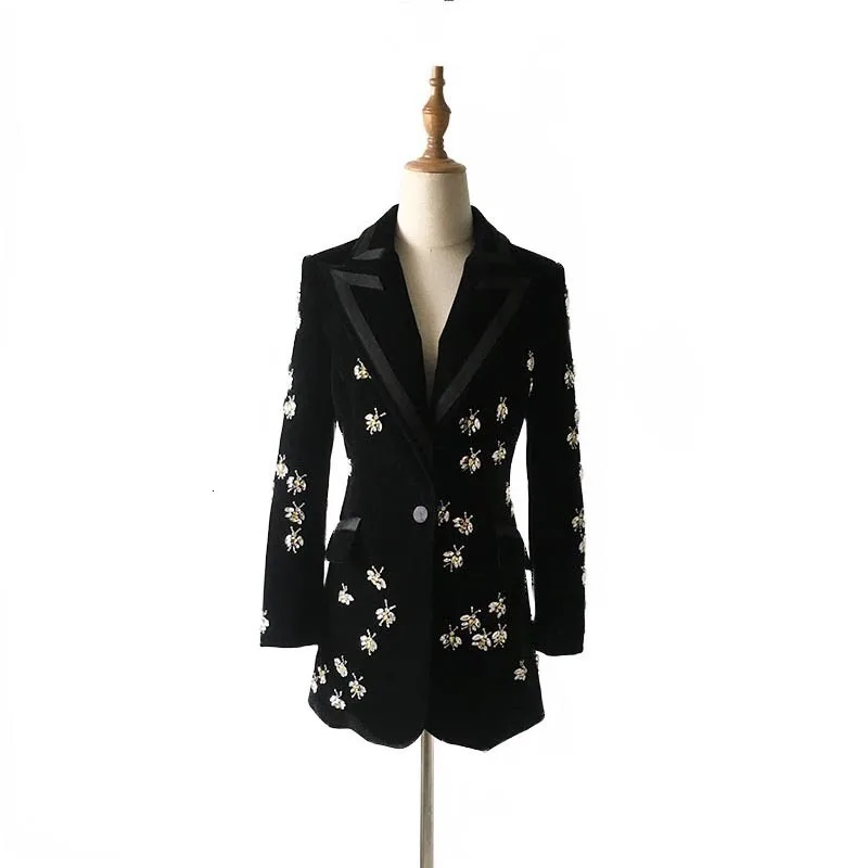 Women's Black Velvet Suit Jacket High Quality Classic Long Sleeve Diamond Beaded Lapel Slim Fit Tight Waist Mid Length Coat New