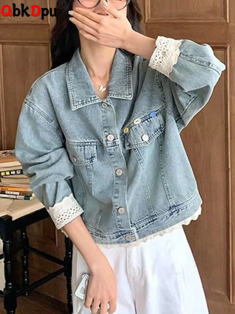 

Korean Fashion Loose Denim Coats Women Lapel Neck Single Breasted Outerwears Chic Design Long Sleeve Cowboy Chaquetas Blusas New
