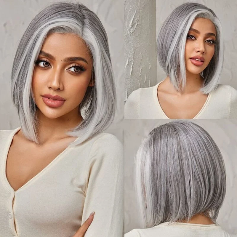 Short Grey White Highlight Wigs Gray Human Hair Lace Front Glueless Wigs Bob Wig