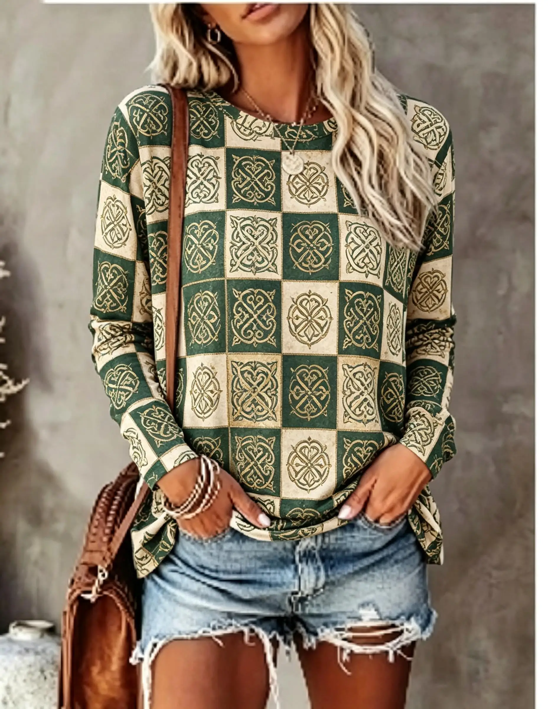 T-shirt à manches longues pour femmes, motif à carreaux vert et beige, imprimé avec un nœud celtique, col rond, haut d’automne.