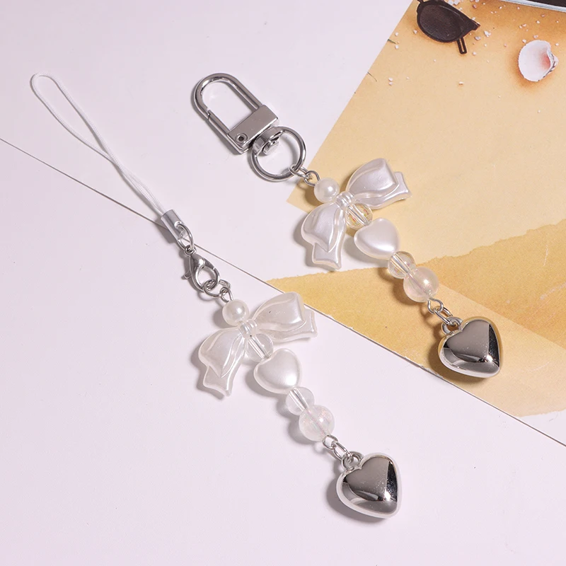 1pc artesanal simples arco frisado chaveiro pingente doce pérola prata amor telefone corrente saco pendurado decoração
