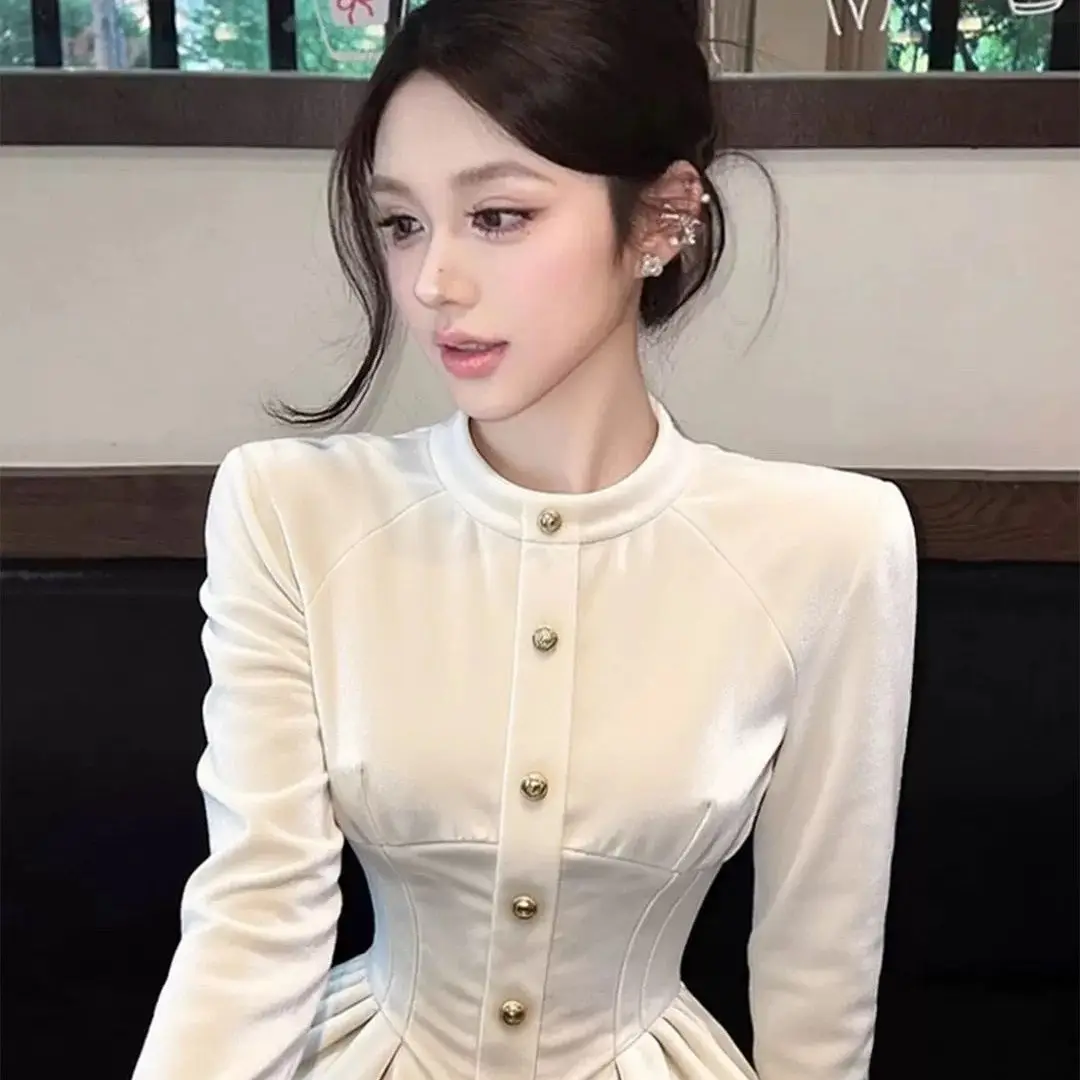 

Женская бархатная блузка с длинным рукавом, осенне-зимняя новинка, с завышенной талией, на металлических пуговицах, во французском стиле