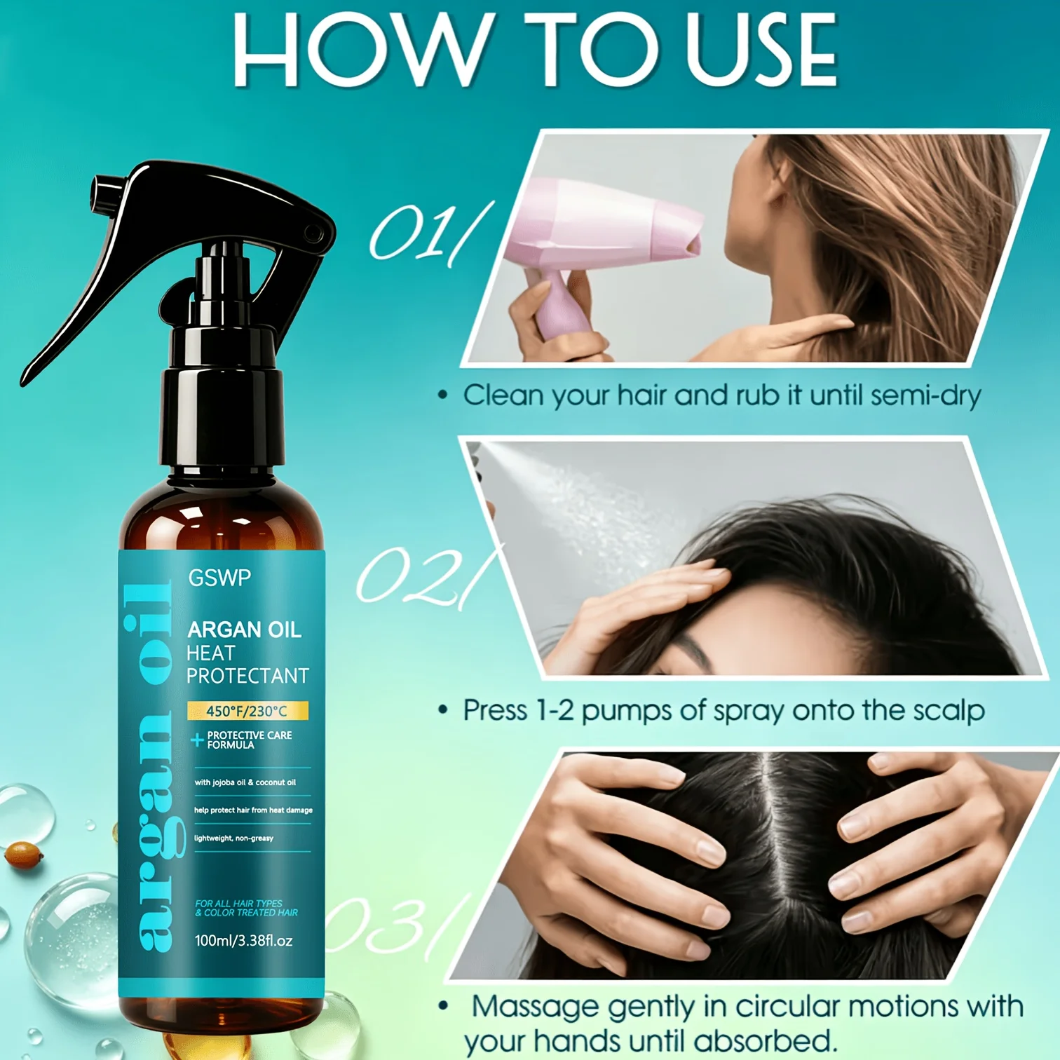 GSWP Arganöl-Schutzspray, 450 ° F Hitzeschutz für Haare, Leichte und Feuchtigkeitsspendende Nährende Arganöl-Haarkur. 100/200ml – Detail 10