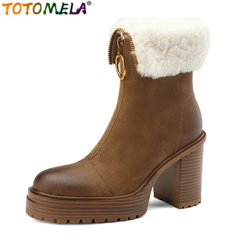 

TOTOMELA 2024 New Retro Genuine Leather Winter Boots Woman Zipper Platform Ankle Boots Thick Plush Snow Boots