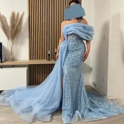 Glitz and Glam Women's Evening Dresses Net Mermaid/Trumpet Celebrity Dress 2024 Blue Off-the-shoulder Pearl Draped Prom Gown