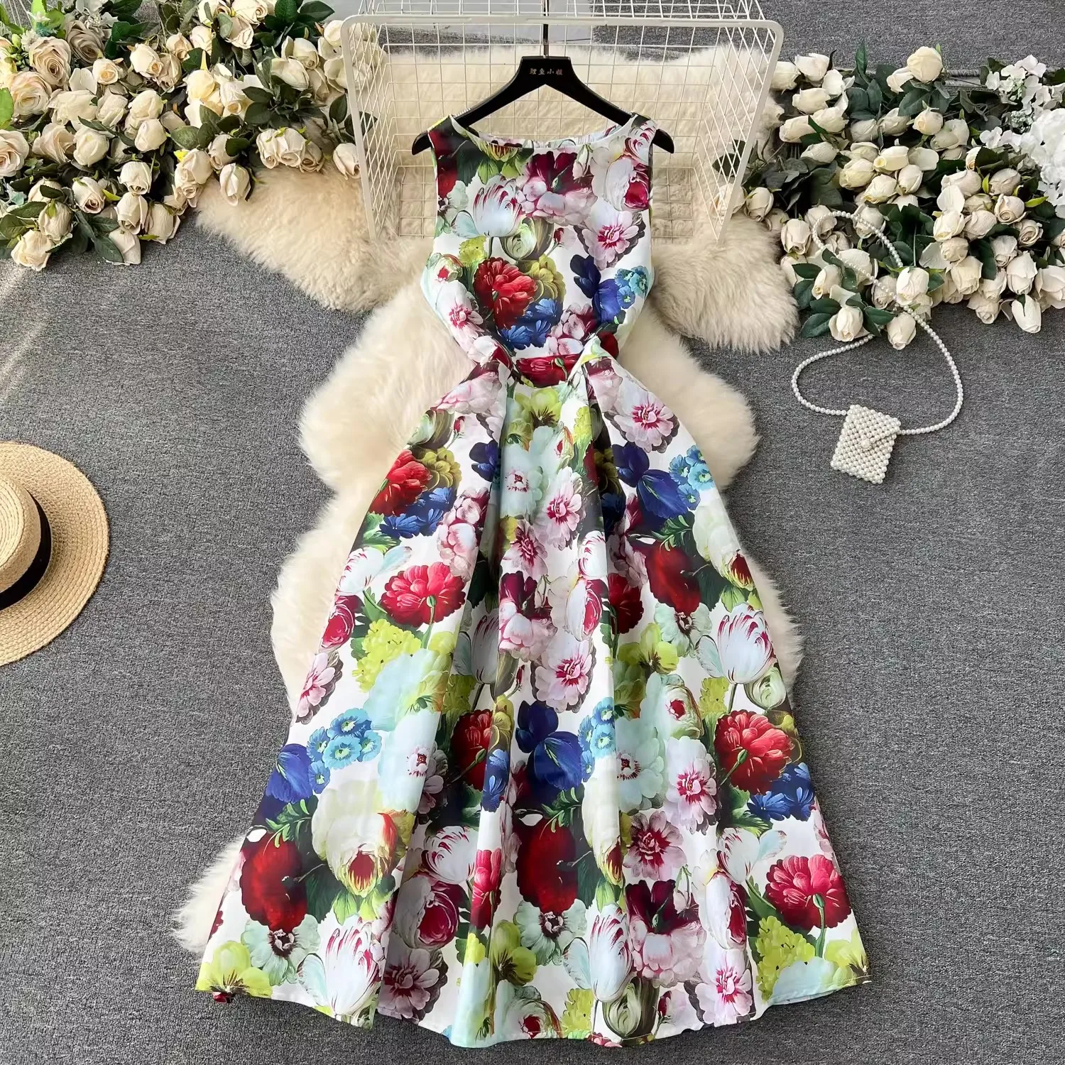 

Summer French Vintage Dress Women Sleeveless Square Neck Jacquard Party Dresses Ladies Elegant Slim A-line Long Robe Vestidos