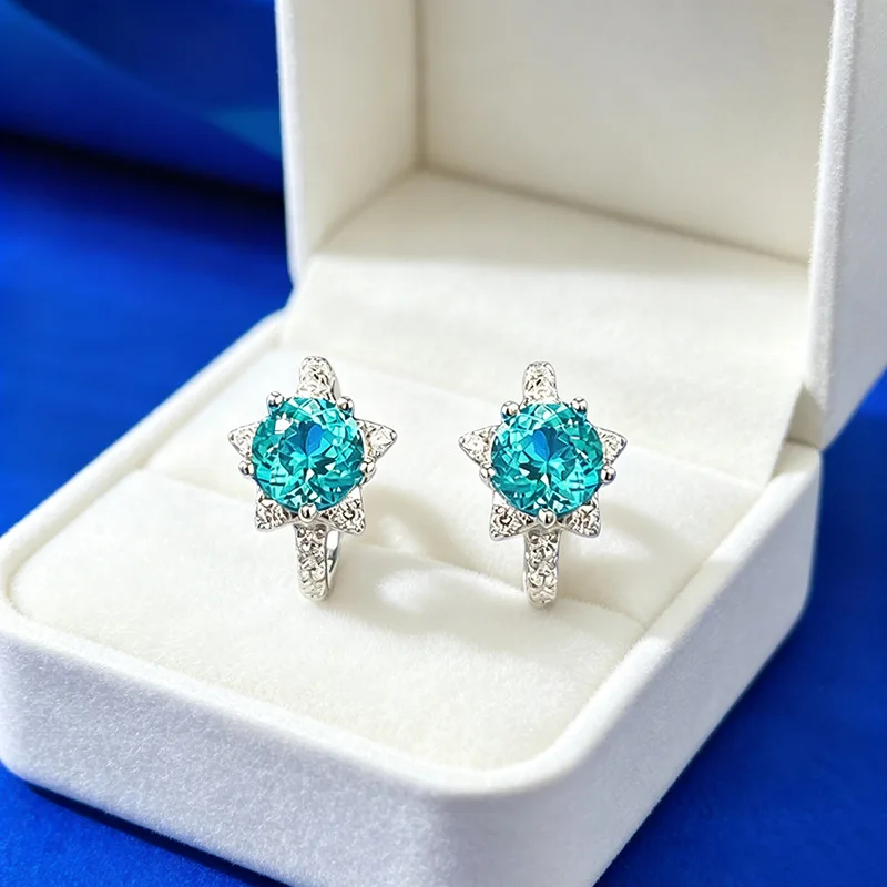 Luxury white gold solid platinum PT950 round diamond 5.0mm Paraiba earrings for women, high-end, white and commuting