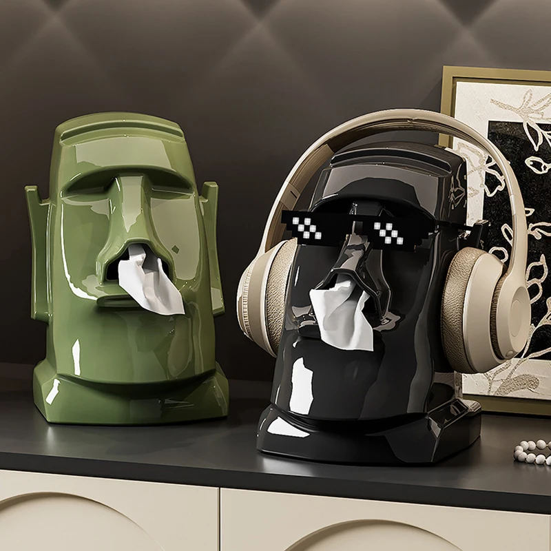 Creative Moai Statue Tissue Box | Multifunctional Desktop Stand | Glasses Headphone Storage | Home Decor for Living Room Bedroom
