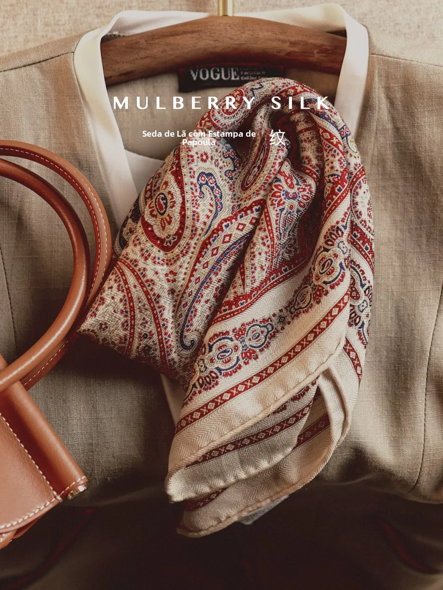 レトロペイズリーナットフラワーシルクウールヴィンテージスタイル両面スカーフファッショナブルなネクタイ65センチ多機能幾何学模様の女性用スカーフ