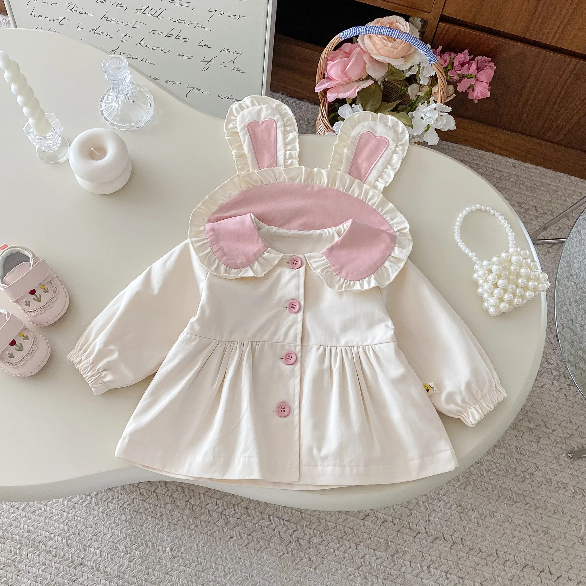 

Girls' Coat 2025 Autumn New Korean Cute Rabbit Ear Girl's Windbreaker 0-5Year Kid's Princess Coat Outerwear