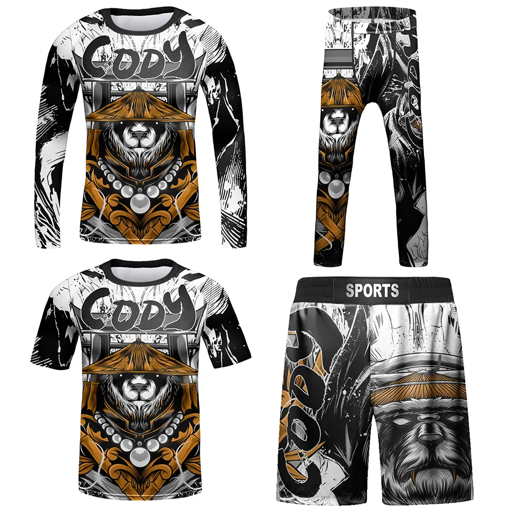 Custom Kid MMA Bjj Jiu Jitsu Rashguard KickBoxing Muay Thai T-shirts+Pants 4 Pcs/Set Compression Wear Polyester Boxing Fightwear